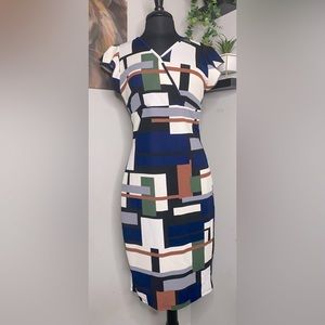 Emery Rose: Classy Geo Print Ruffle Trim Bodycon Dress